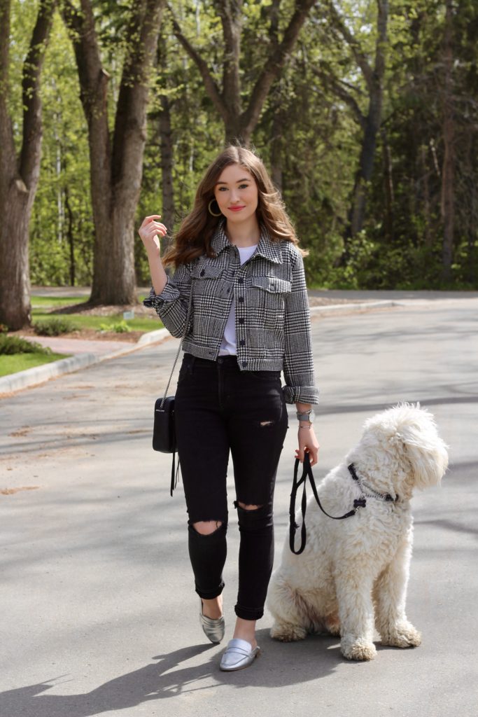 wearing a cropped houndstooth jacket from Forever 21