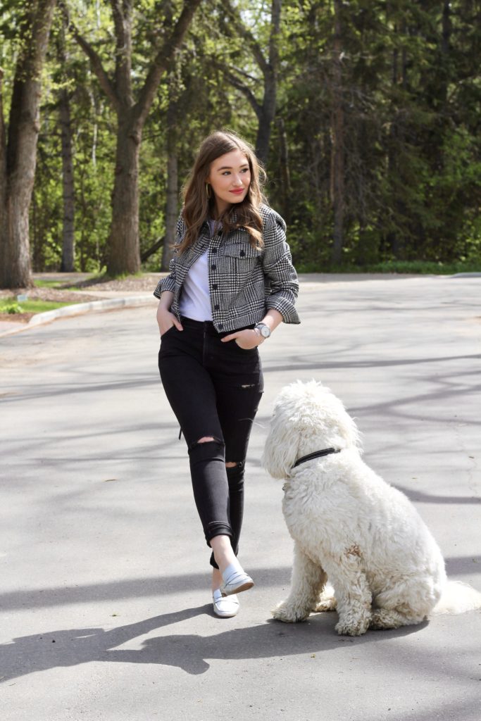 wearing a cropped houndstooth jacket from Forever 21