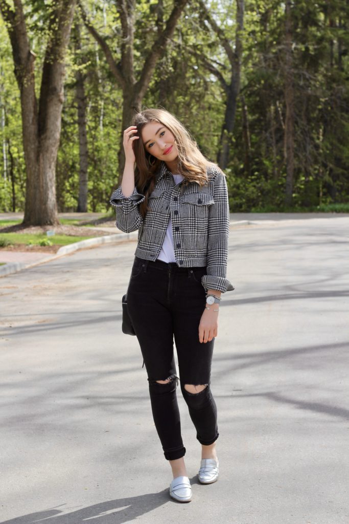 wearing a cropped houndstooth jacket from Forever 21