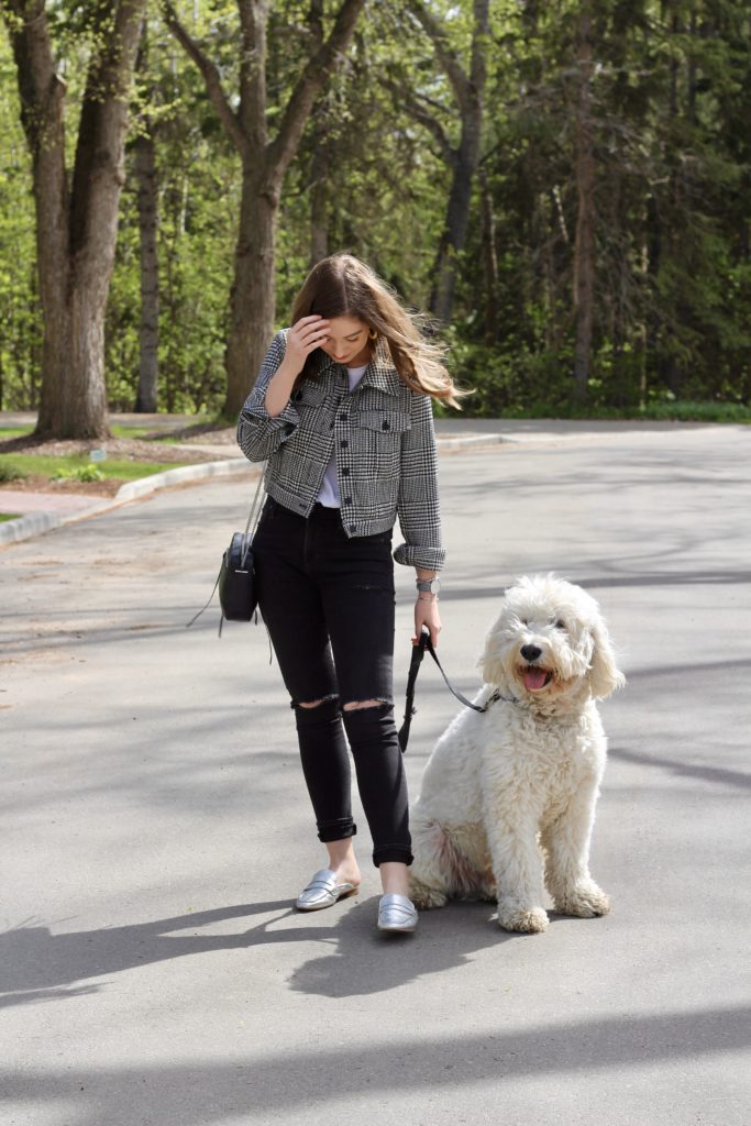 wearing a cropped houndstooth jacket from Forever 21