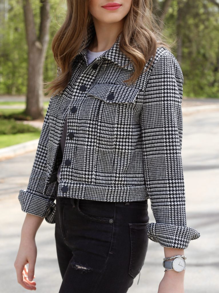 closeup of cropped houndstooth jacket with matte black buttons