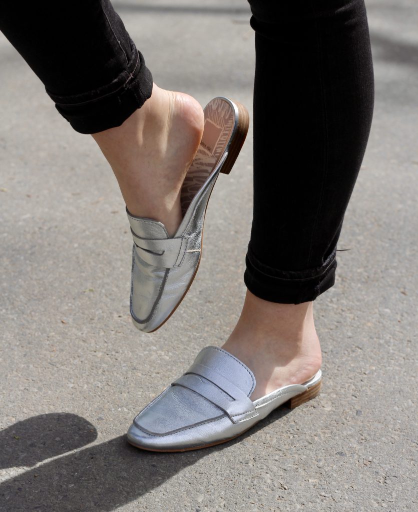 closeup of silver metallic Dolce Vita mules/loafers