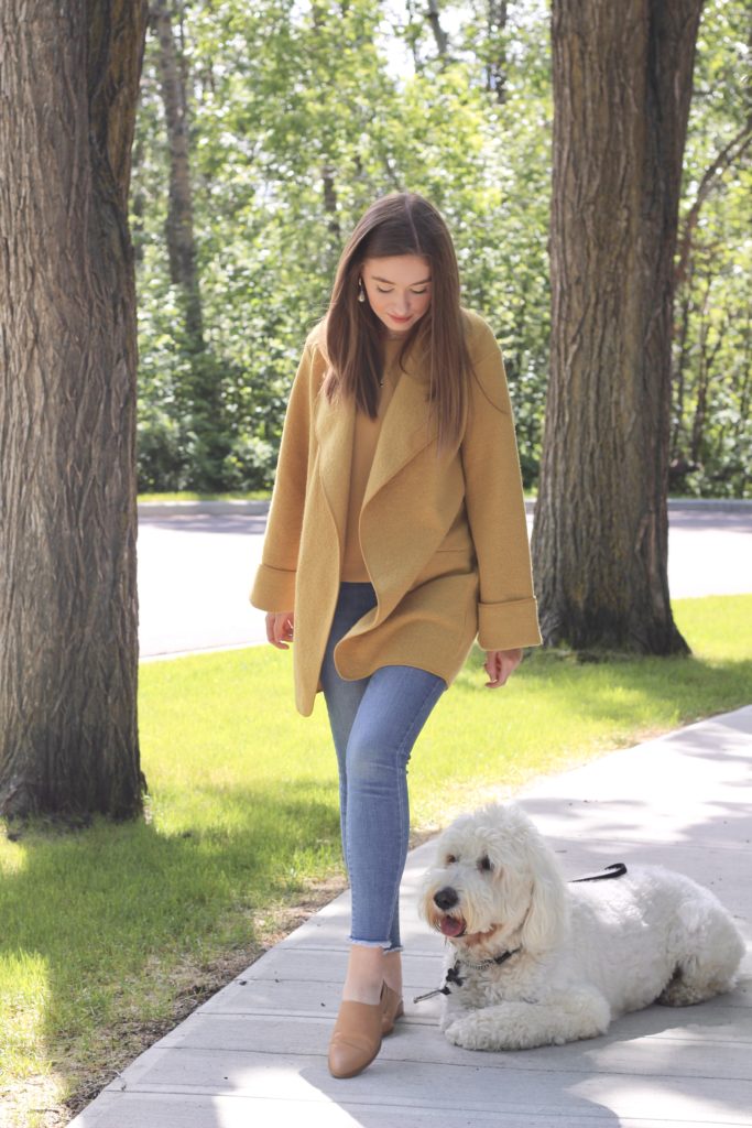 Mustard Yellow outfit with aritzia Chandelle jacket