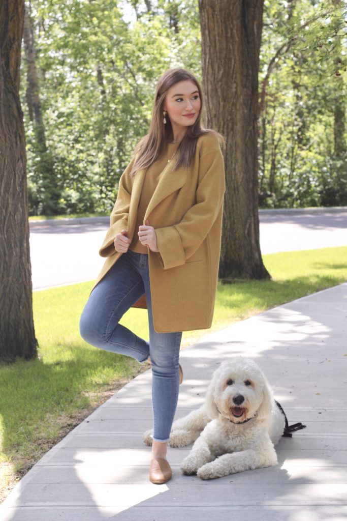 Mustard Yellow outfit with aritzia Chandelle jacket