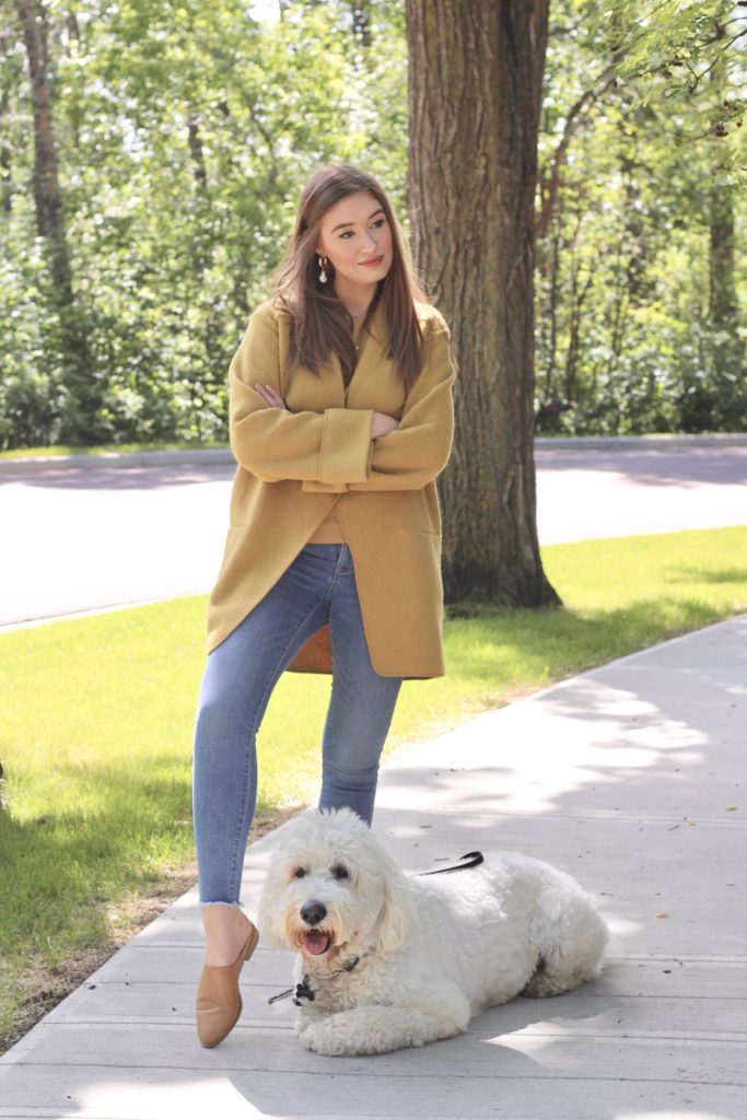 Mustard Yellow outfit with aritzia Chandelle jacket