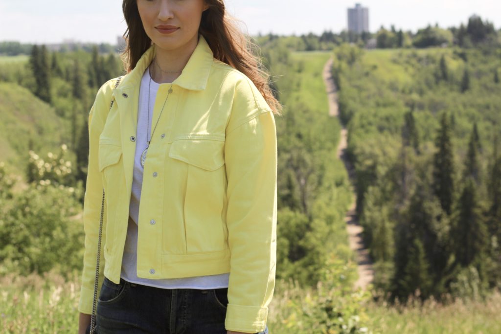 Close up shot of yellow denim jacket