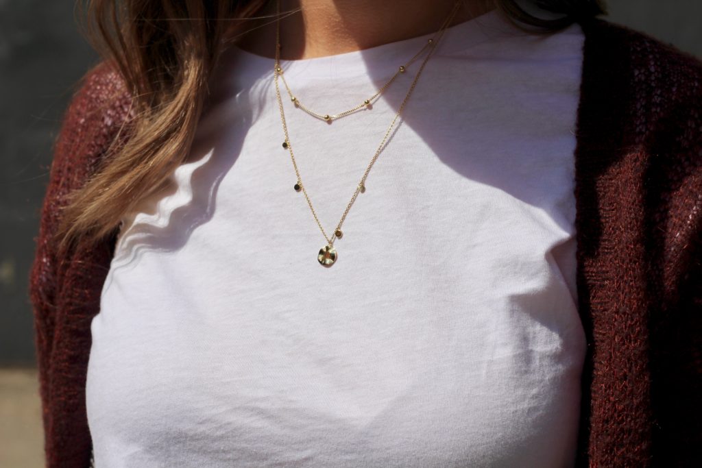 Outfit styled with Ania Haie Gold necklaces layered