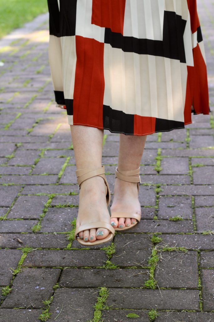 geometric colour blocked midi skirt with nude sandals