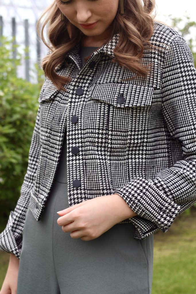 Close up of Forever 21 cropped houndstooth jacket