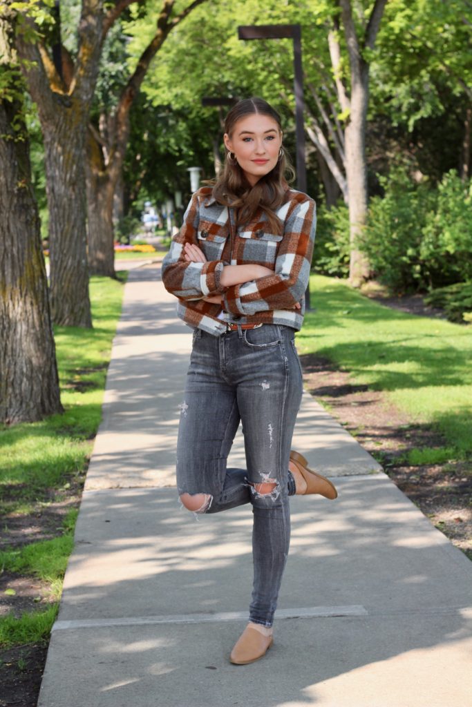 Fall outfit of the day featuring Forever 21 brushed wool plaid jacket, Kotn t-shirt, citizens of humanity jeans and brown mules