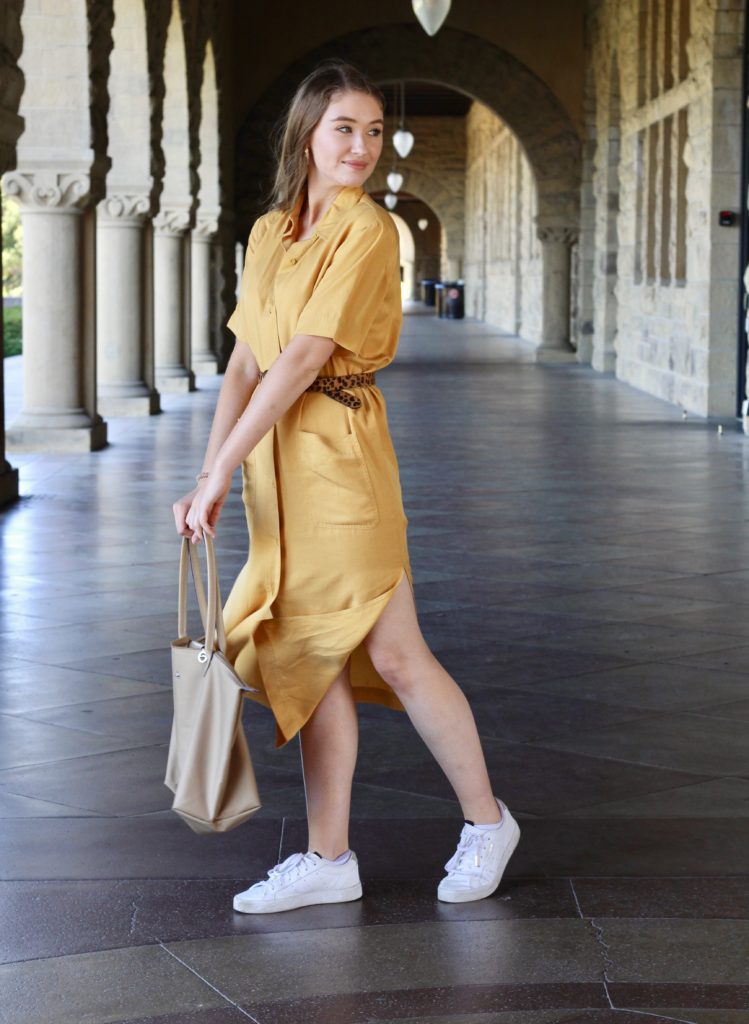 San Francisco Outfit of the day with long yellow midi dress and cheetah print belt