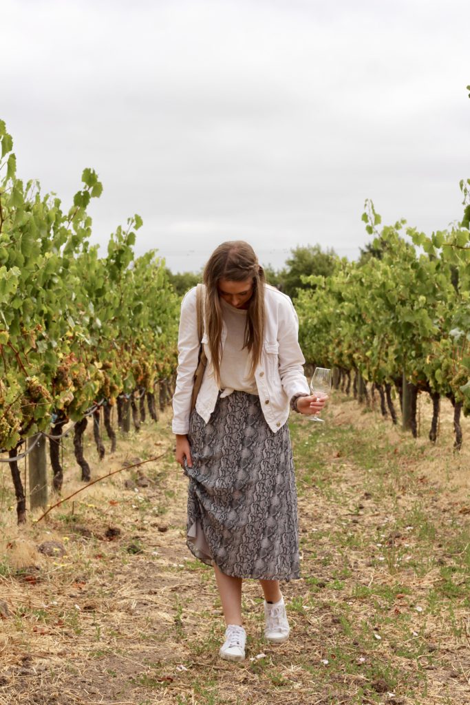 Outfit of the day in Sonoma and Napa valley in snakeskin midi skirt and white denim jacket with white Adidas Sleek Sneakers