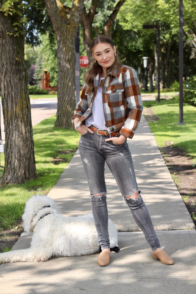 Fall outfit of the day featuring Forever 21 brushed wool plaid jacket, Kotn t-shirt, citizens of humanity jeans and brown mules