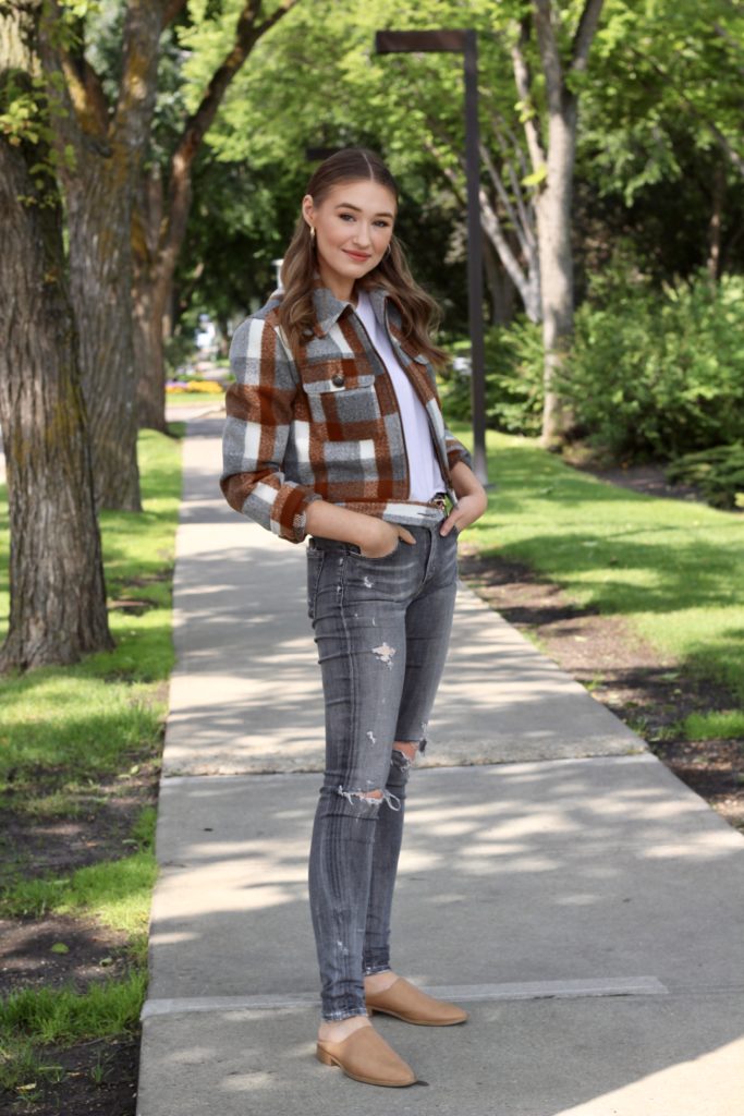 Fall outfit of the day featuring Forever 21 brushed wool plaid jacket, Kotn t-shirt, citizens of humanity jeans and brown mules