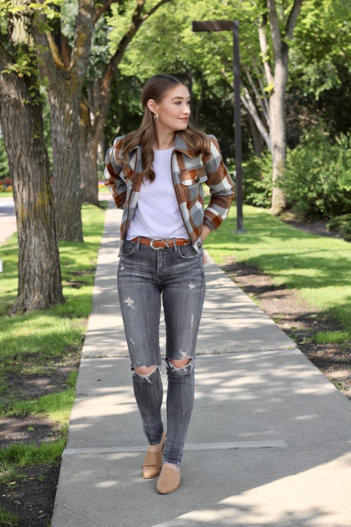 Fall outfit of the day featuring Forever 21 brushed wool plaid jacket, Kotn t-shirt, citizens of humanity jeans and brown mules