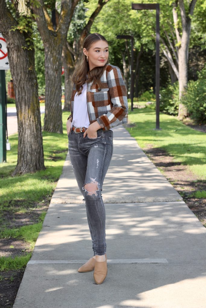 Fall outfit of the day featuring Forever 21 brushed wool plaid jacket, Kotn t-shirt, citizens of humanity jeans and brown mules