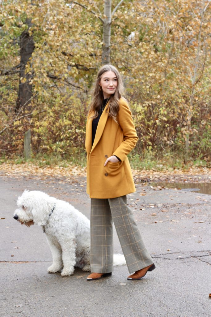 Outfit featuring aritzia mustard yellow Reeves wool coat and Francesca Check Pant