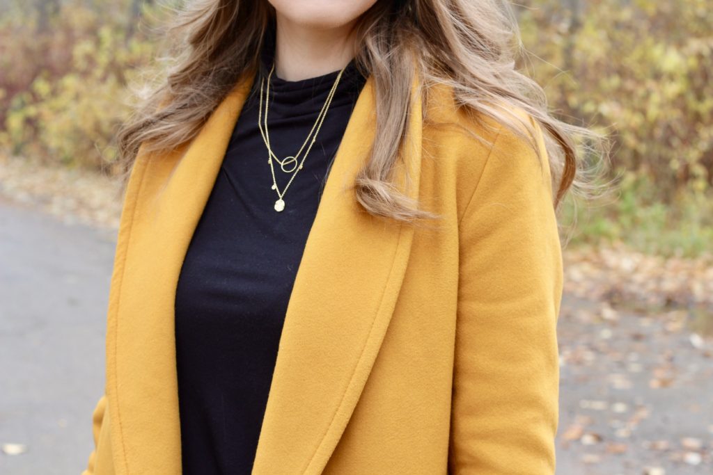 Outfit featuring aritzia mustard yellow Reeves wool coat and Francesca Check Pant
