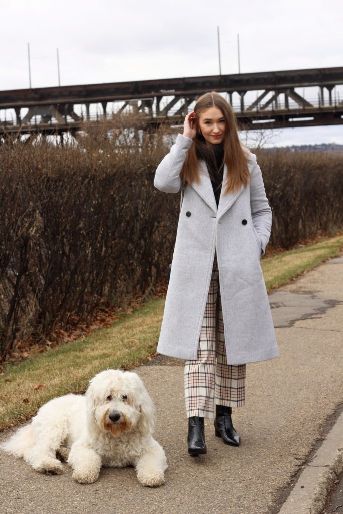 Outfit featuring Club Monaco Daylina coat, Aritzia Genie Check Pant and Kendall and Kylie Patent Black Boots