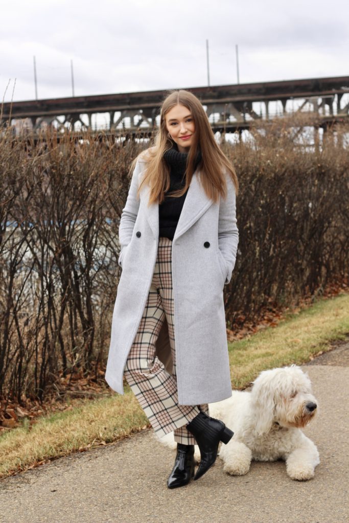 Outfit featuring Club Monaco Daylina coat, Aritzia Genie Check Pant and Kendall and Kylie Patent Black Boots