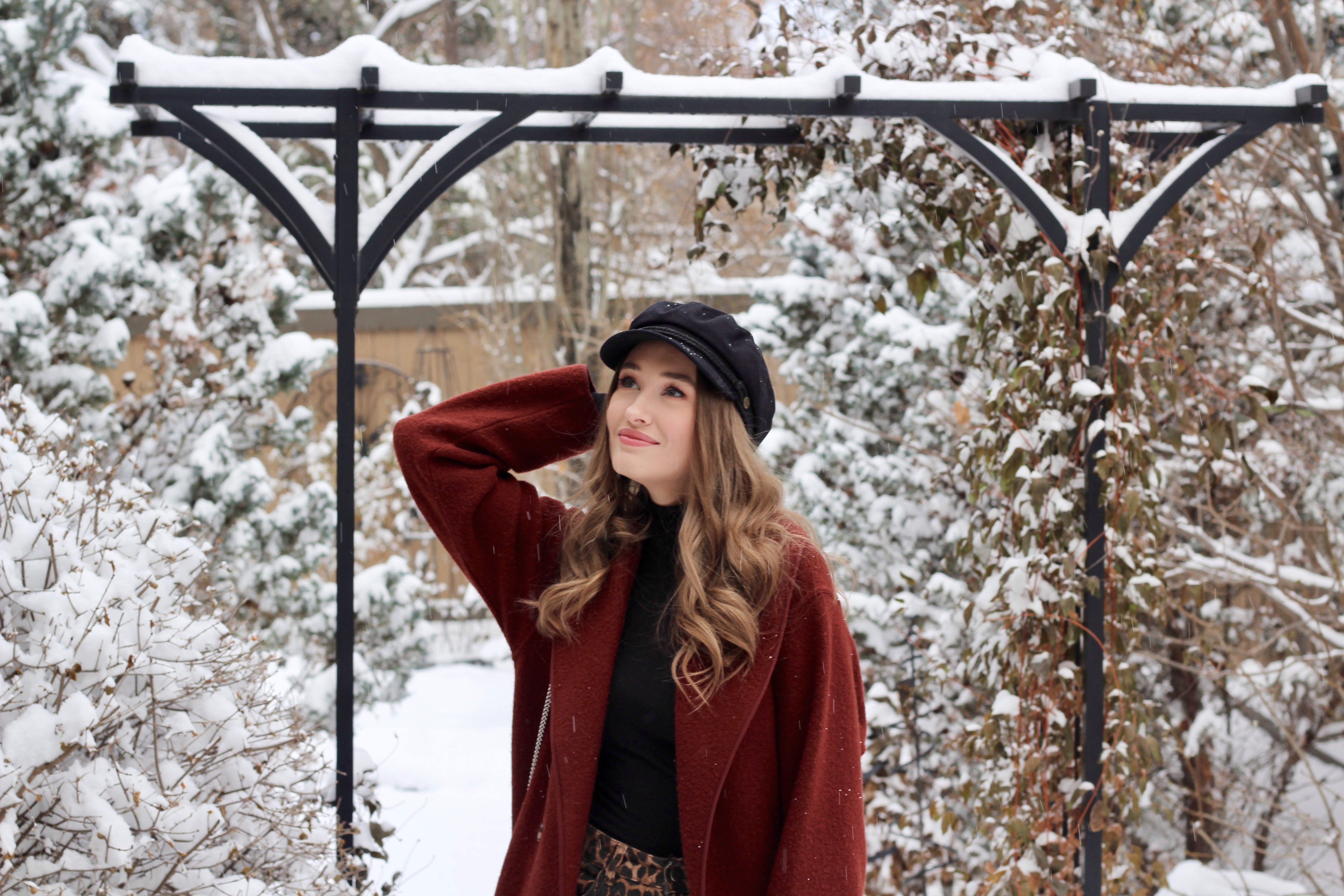 Outfit featuring Aritzia Charlize coat, Aritzia Only Turtleneck, Zara Cheetah print Jeans and Brixton Fiddler Hat