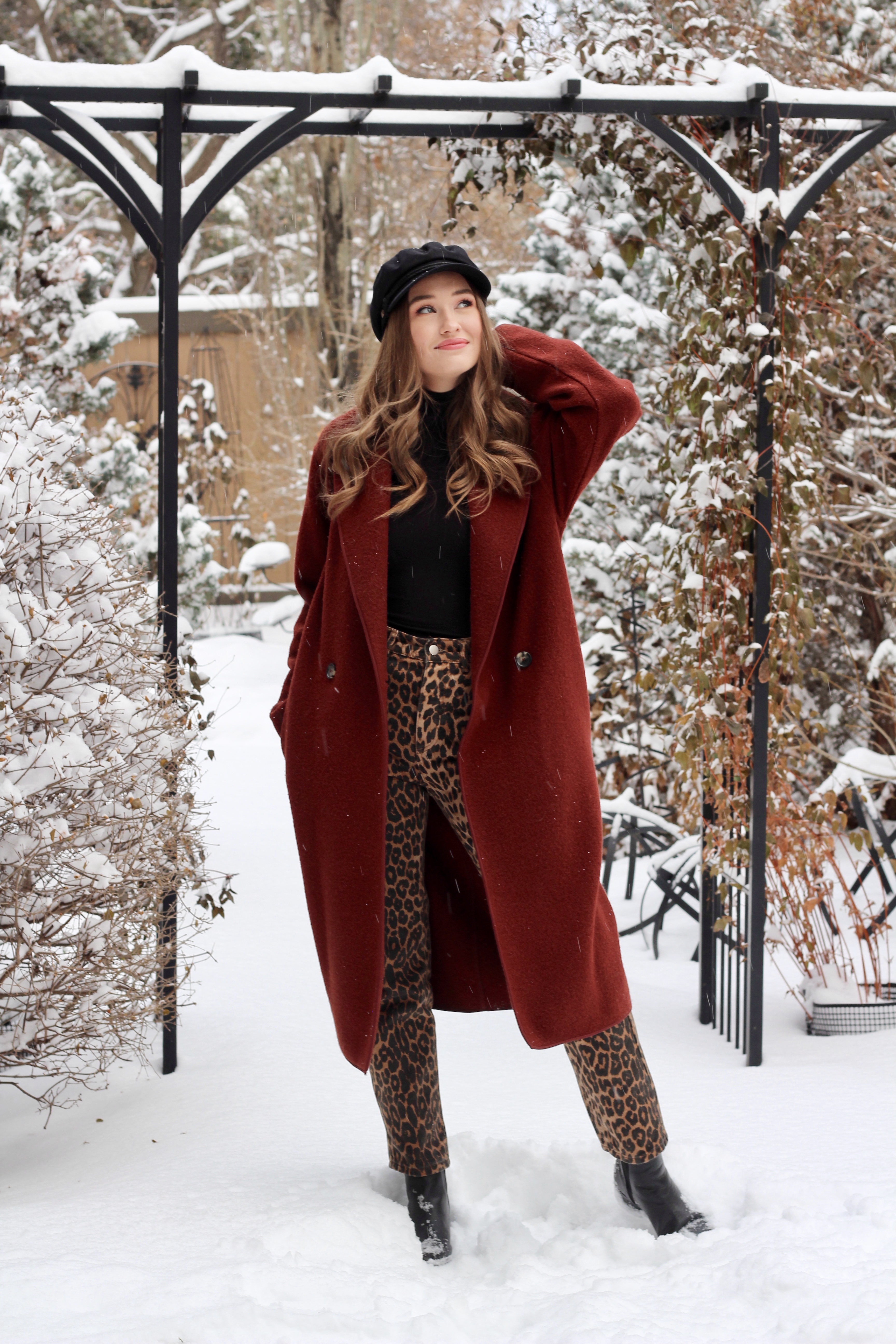 Outfit featuring Aritzia Charlize coat, Aritzia Only Turtleneck, Zara Cheetah print Jeans and Brixton Fiddler Hat