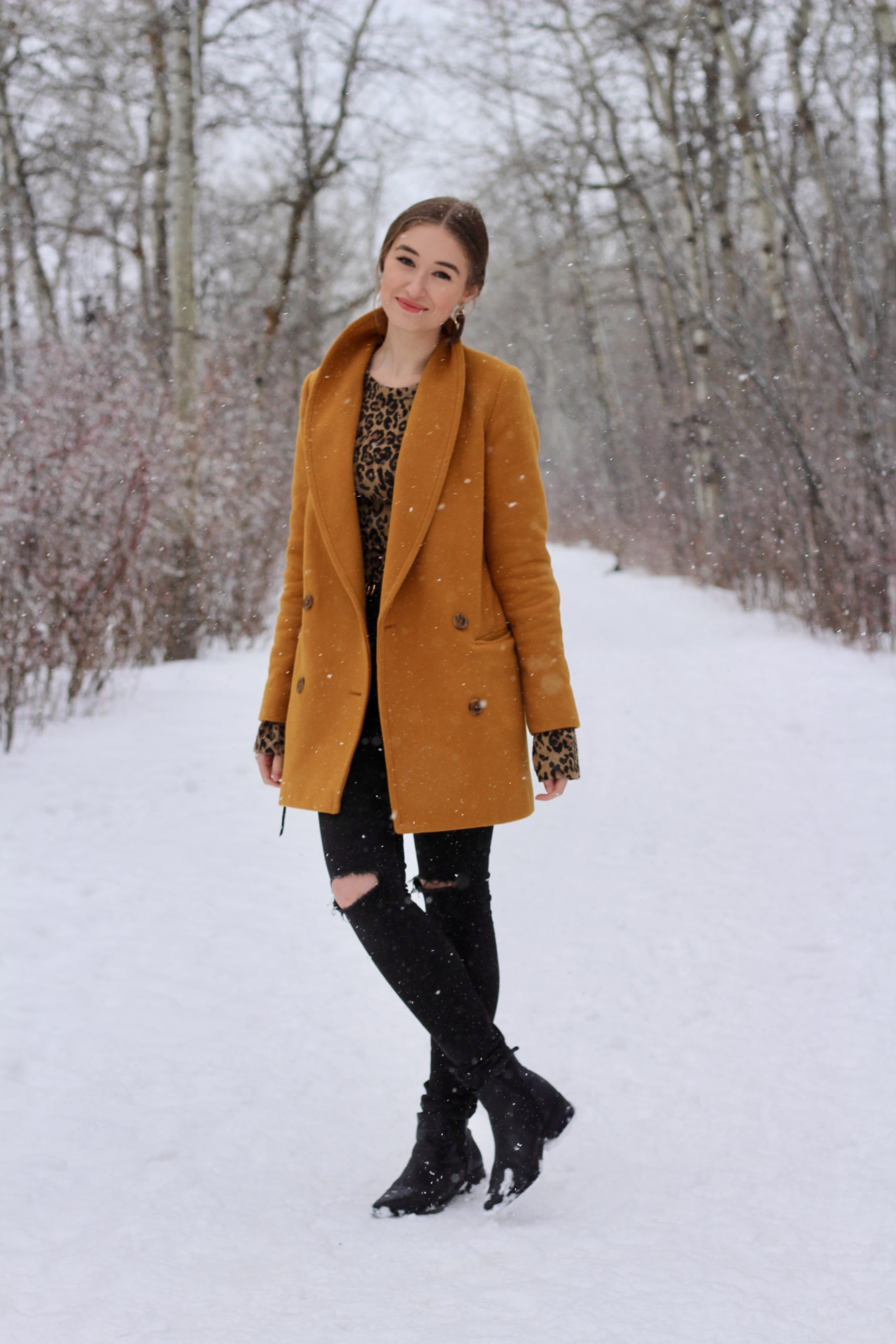 outfit featuring aritzia reeves coat, zara cheetah print shirt, citizens of humanity rockets and frank and oak leather boots