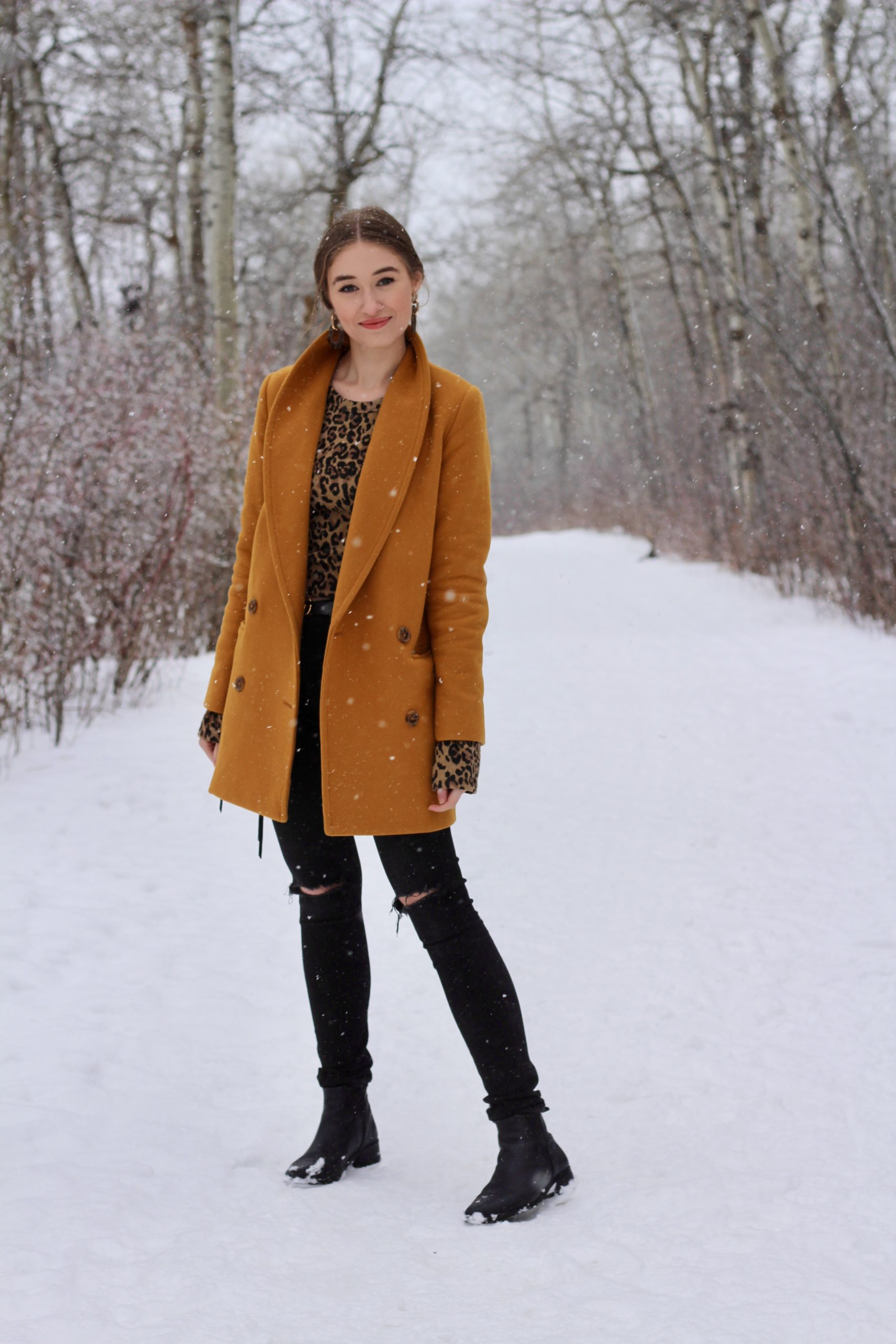 outfit featuring aritzia reeves coat, zara cheetah print shirt, citizens of humanity rockets and frank and oak leather boots