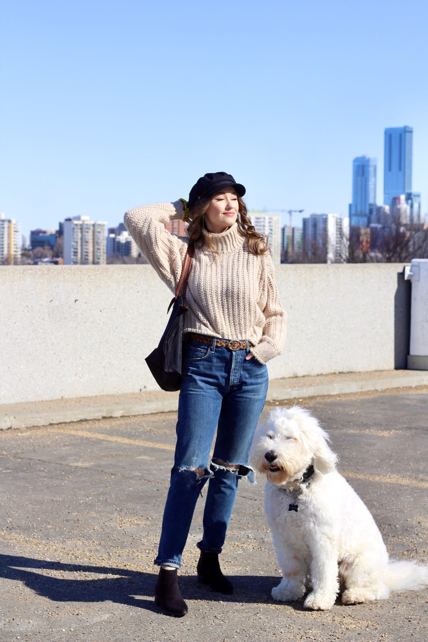 outfit with H&M chunky turtleneck sweater, brixton fiddler cap