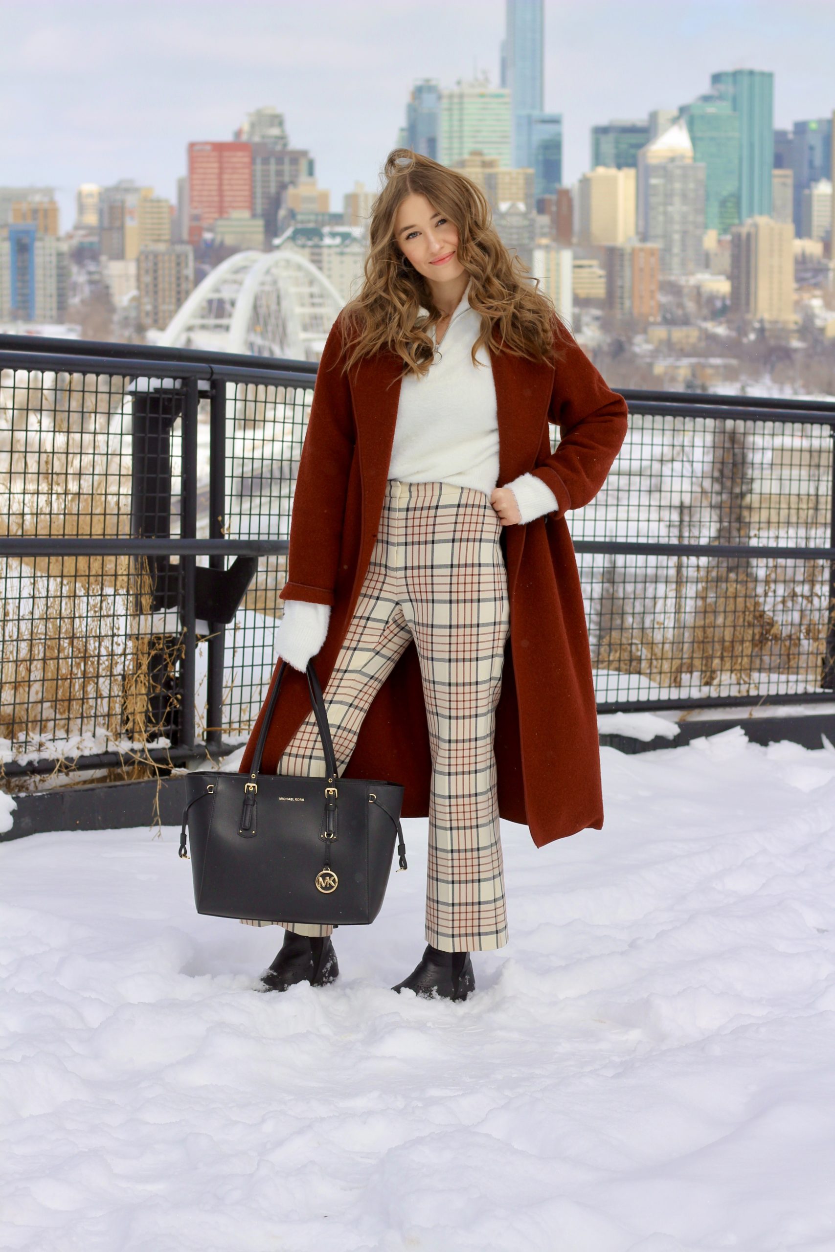 outfit featuring aritzia Charlize coat, Aritzia Genie Check pant and michael kors voyager tote bag