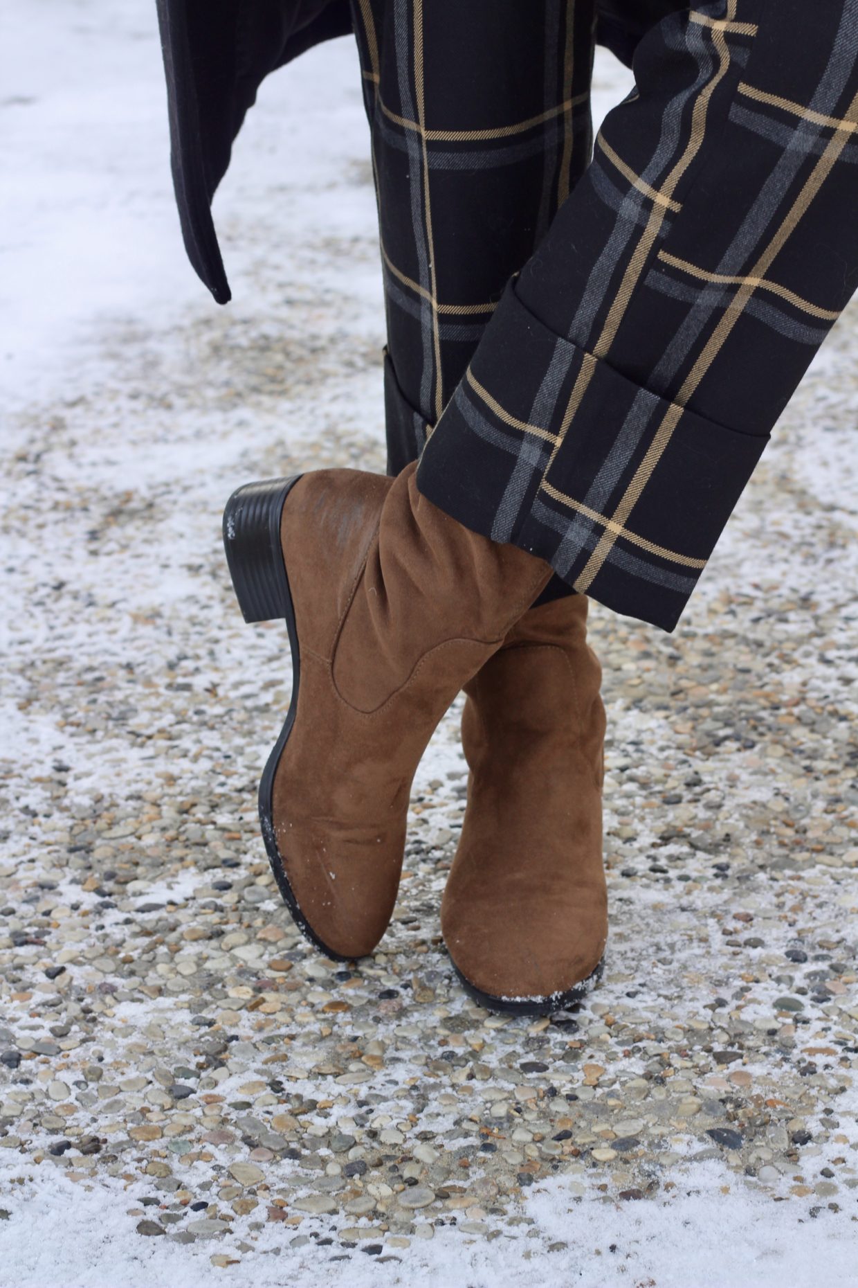 zara plaid trousers and suede boots