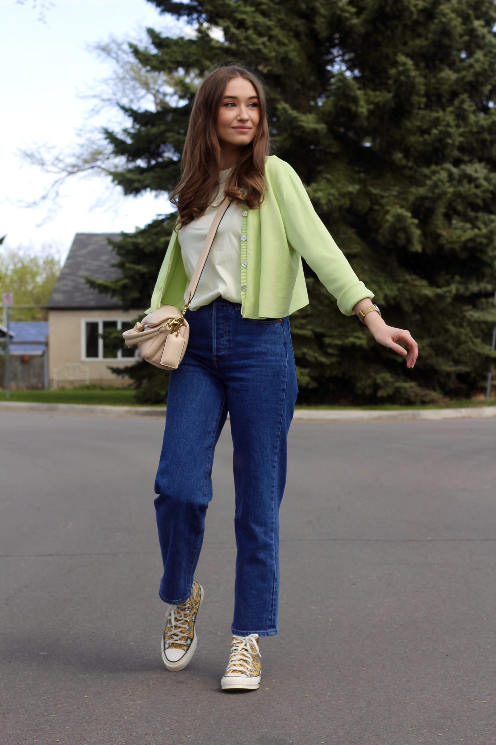 zara green cardigan with Levi Ribcage Straight Ankle