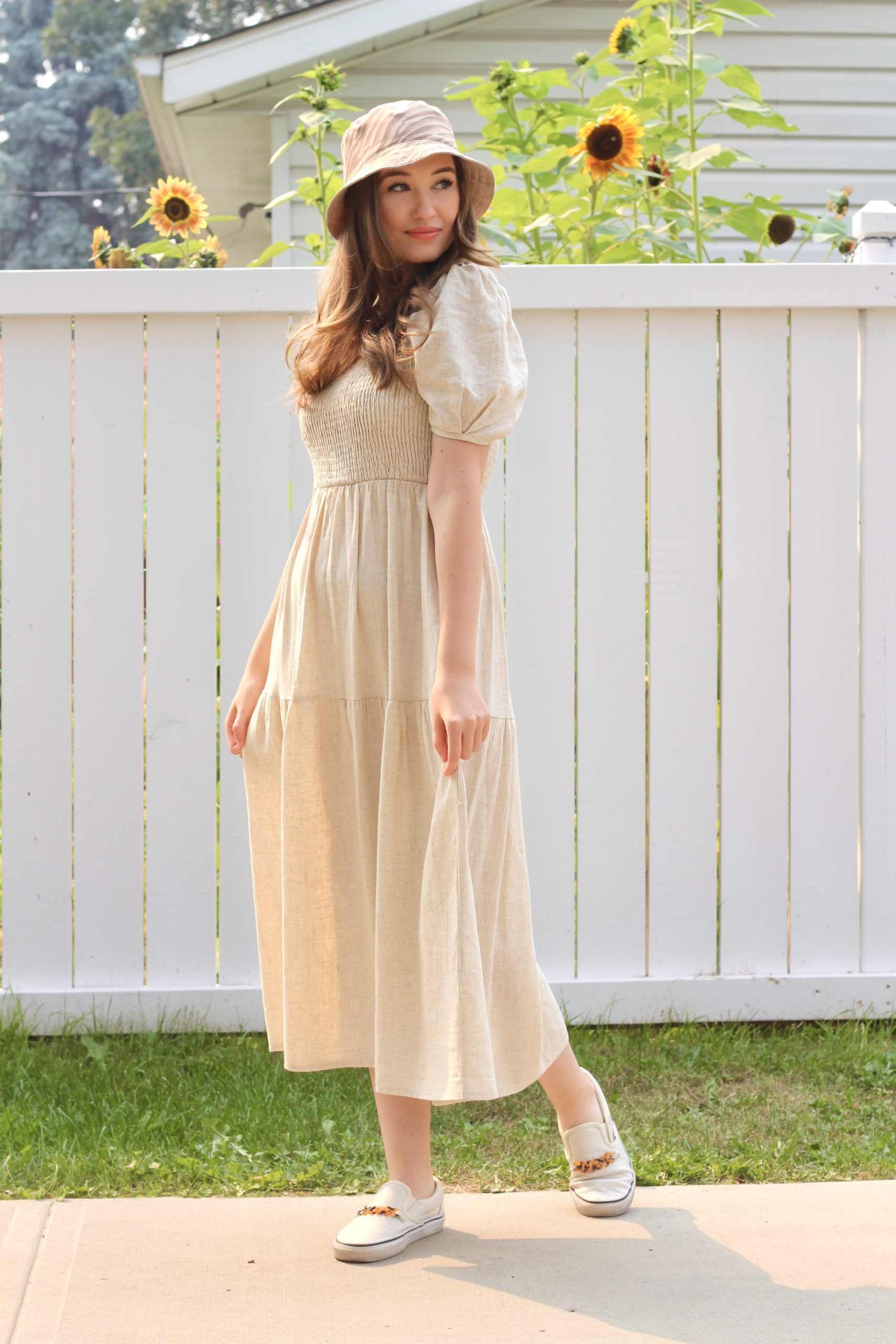 linen smocked midi dress