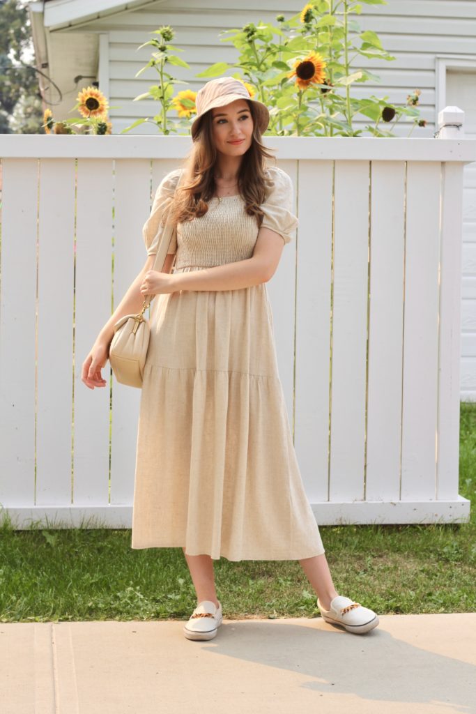 linen smocked midi dress