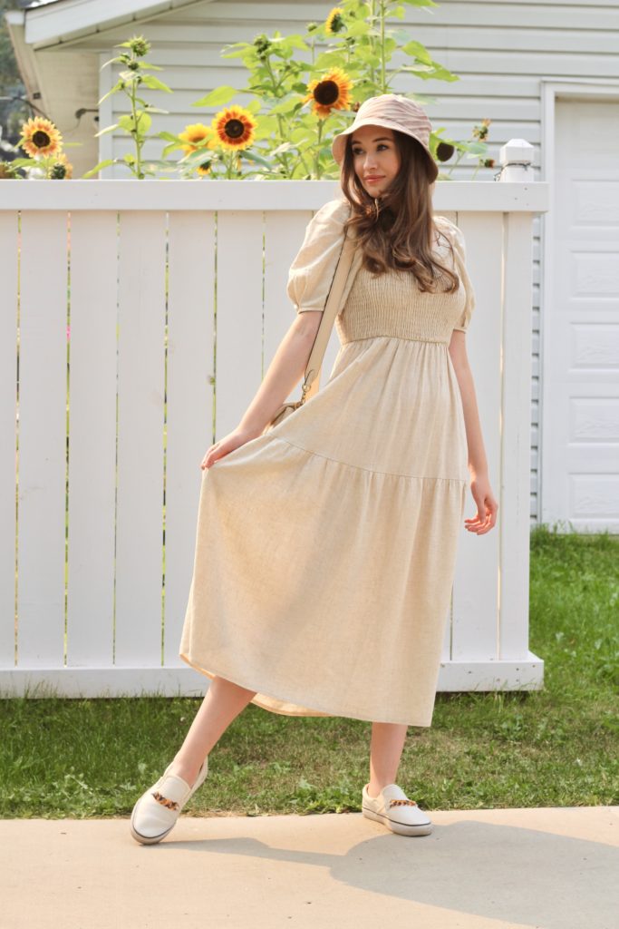 linen smocked midi dress