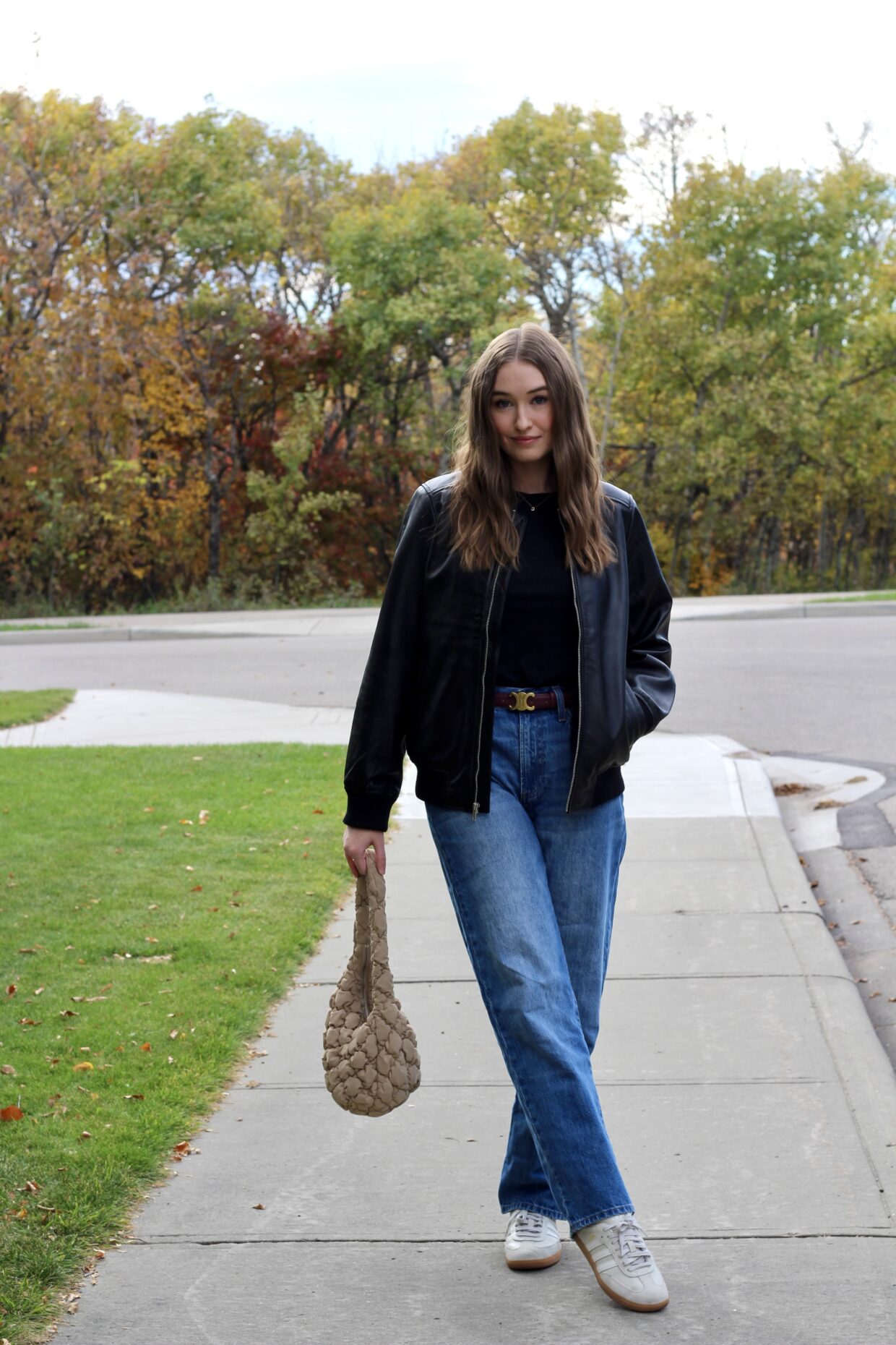 leather bomber outfit