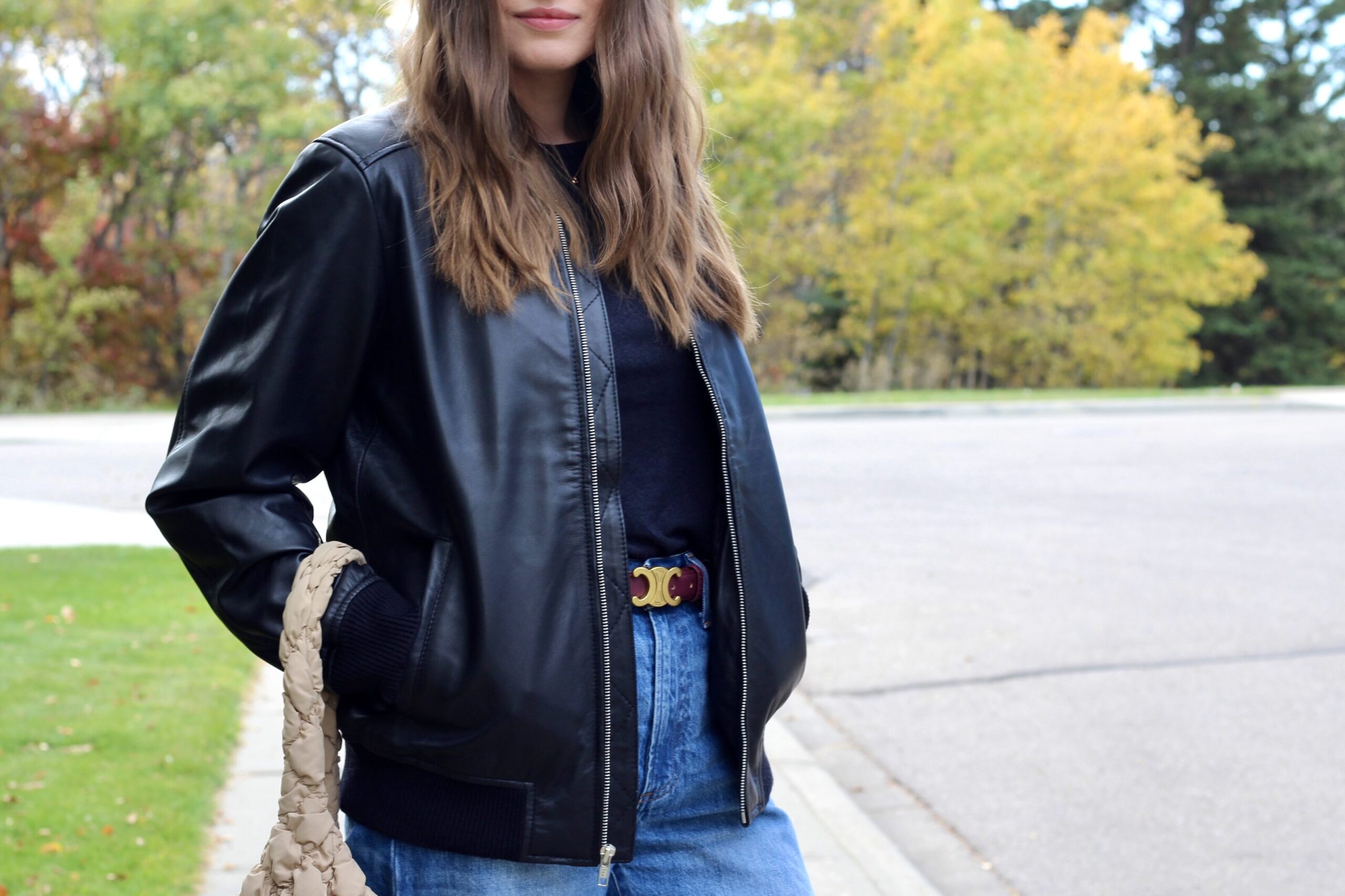 black leather bomber